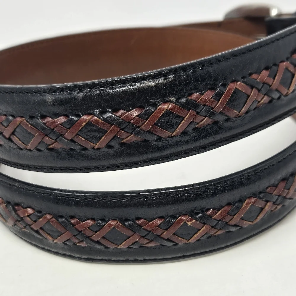 BRIGHTON BLACK LEATHER BELT CHOCOLATE BROWN BRAIDED STITCHING MEN 36 WESTERN